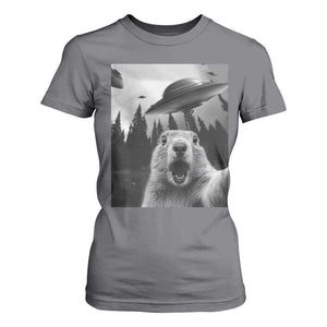 Funny Groundhog Selfie With Alien UFOs Weird Ground Hog Day T Shirt For Women TS11 Charcoal Print Your Wear
