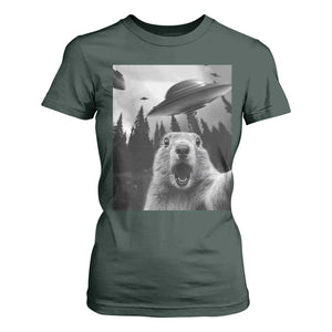 Funny Groundhog Selfie With Alien UFOs Weird Ground Hog Day T Shirt For Women TS11 Dark Forest Green Print Your Wear