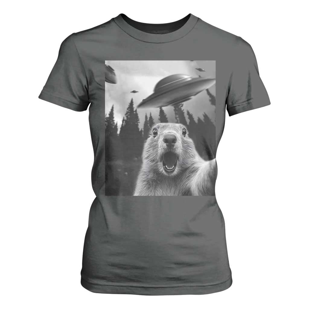 Funny Groundhog Selfie With Alien UFOs Weird Ground Hog Day T Shirt For Women TS11 Dark Heather Print Your Wear