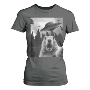 Funny Groundhog Selfie With Alien UFOs Weird Ground Hog Day T Shirt For Women TS11 Dark Heather Print Your Wear