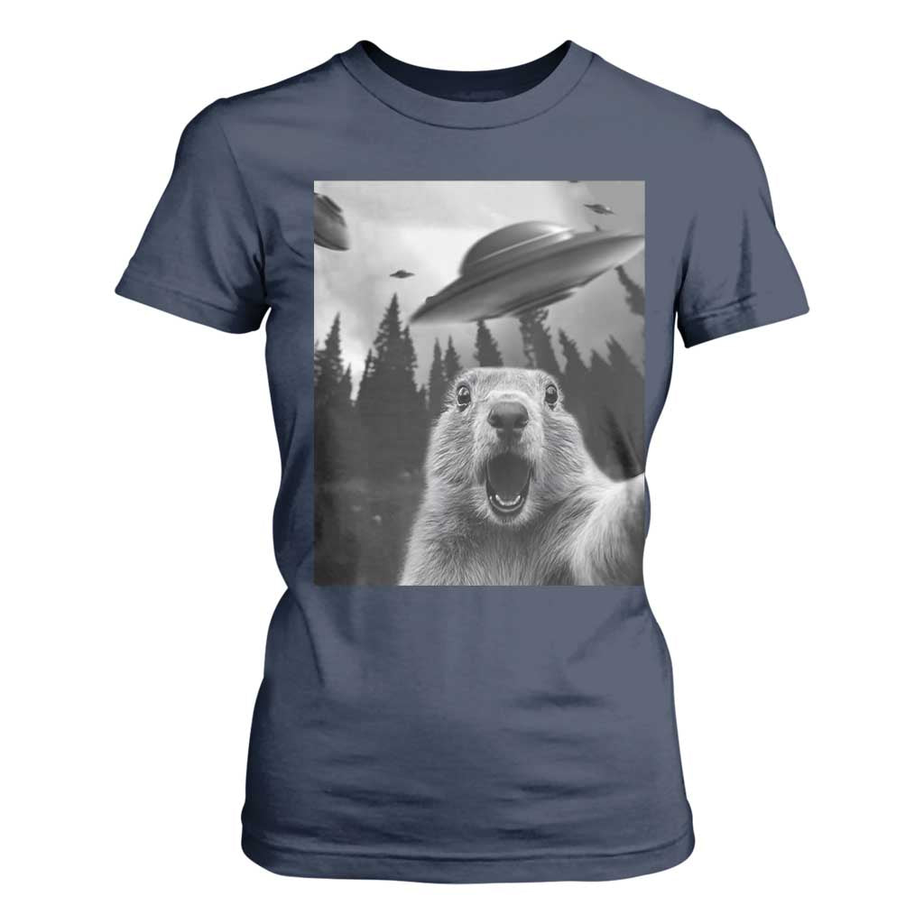 Funny Groundhog Selfie With Alien UFOs Weird Ground Hog Day T Shirt For Women TS11 Navy Print Your Wear