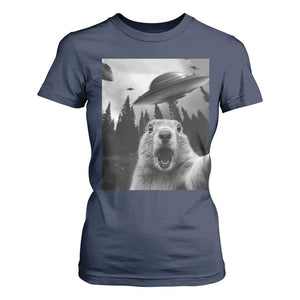 Funny Groundhog Selfie With Alien UFOs Weird Ground Hog Day T Shirt For Women TS11 Navy Print Your Wear