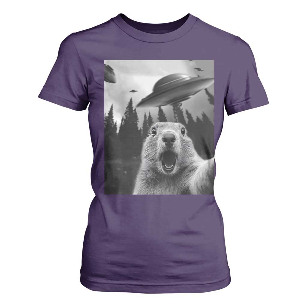 Funny Groundhog Selfie With Alien UFOs Weird Ground Hog Day T Shirt For Women TS11 Purple Print Your Wear