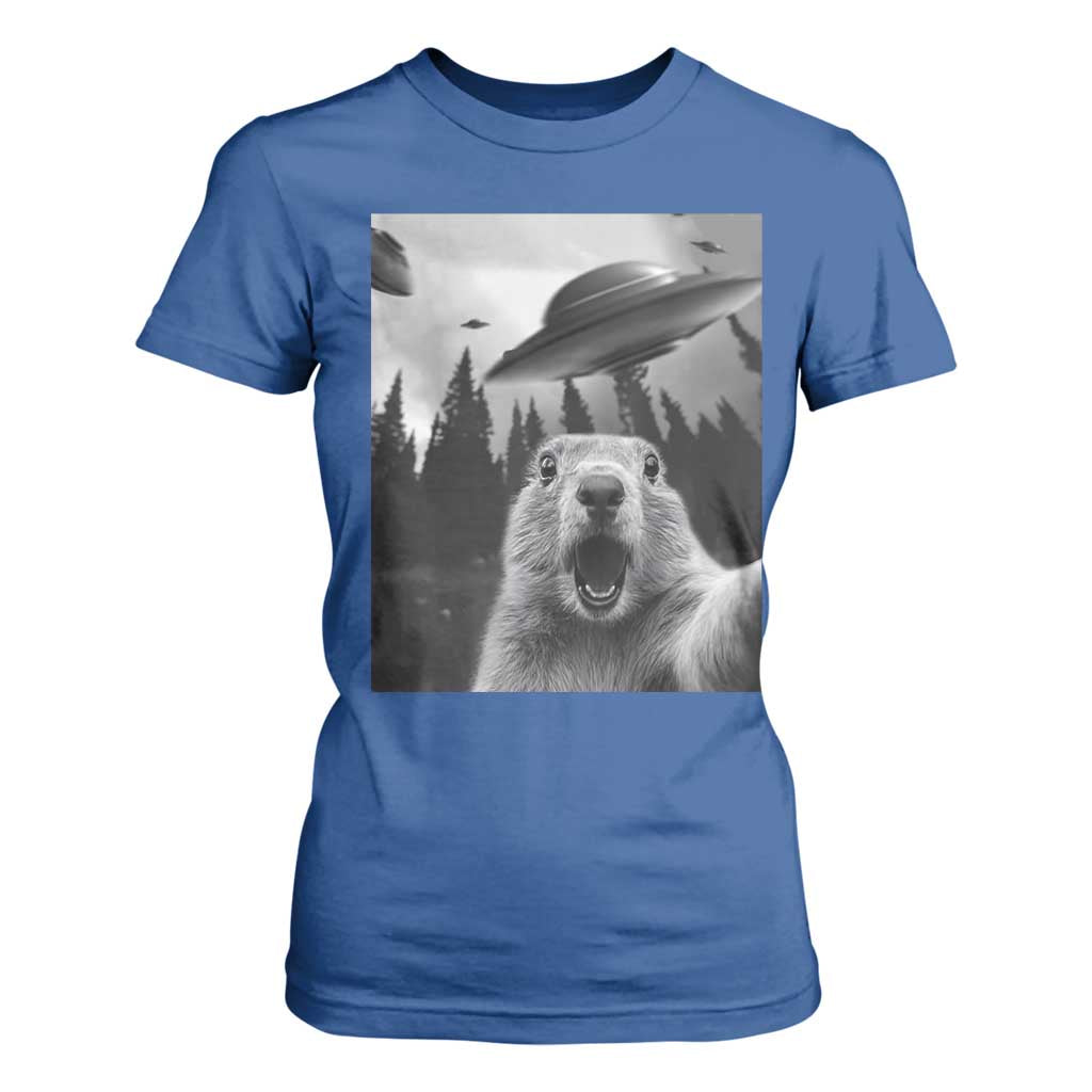 Funny Groundhog Selfie With Alien UFOs Weird Ground Hog Day T Shirt For Women TS11 Royal Blue Print Your Wear