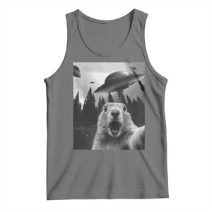 Funny Groundhog Selfie With Alien UFOs Weird Ground Hog Day Tank Top TS11 Black Heather Print Your Wear