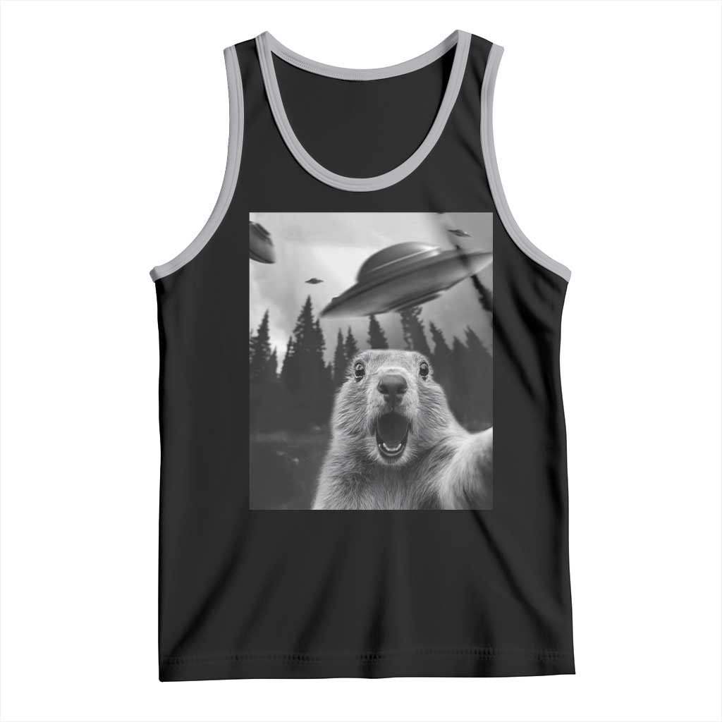 Funny Groundhog Selfie With Alien UFOs Weird Ground Hog Day Tank Top TS11 Black Athletic Heather Print Your Wear
