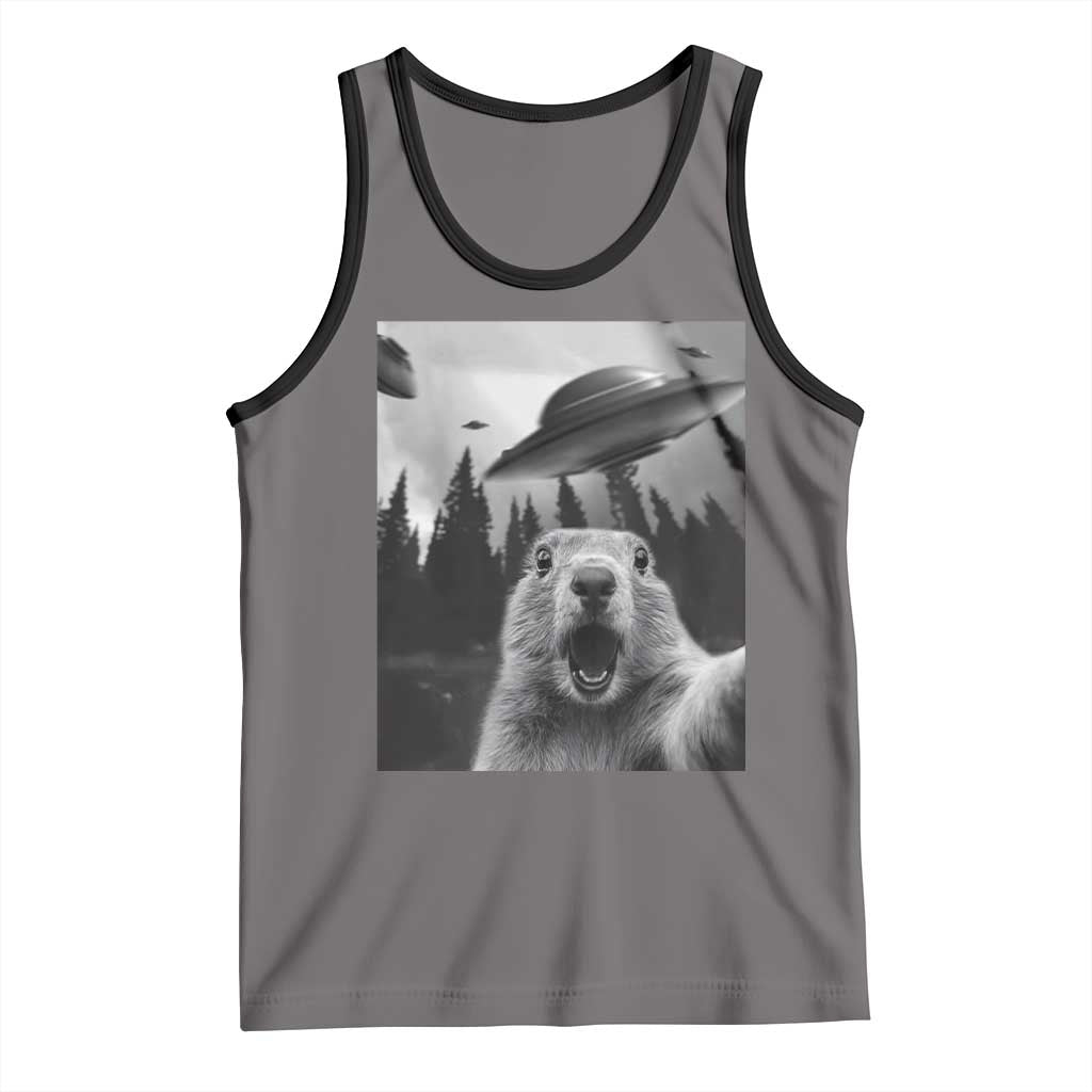 Funny Groundhog Selfie With Alien UFOs Weird Ground Hog Day Tank Top TS11 Deep Heather Black Print Your Wear