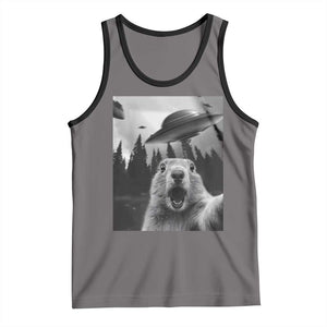 Funny Groundhog Selfie With Alien UFOs Weird Ground Hog Day Tank Top TS11 Deep Heather Black Print Your Wear