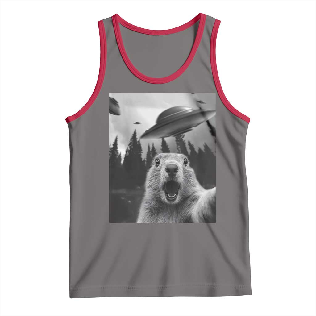 Funny Groundhog Selfie With Alien UFOs Weird Ground Hog Day Tank Top TS11 Deep Heather Red Print Your Wear