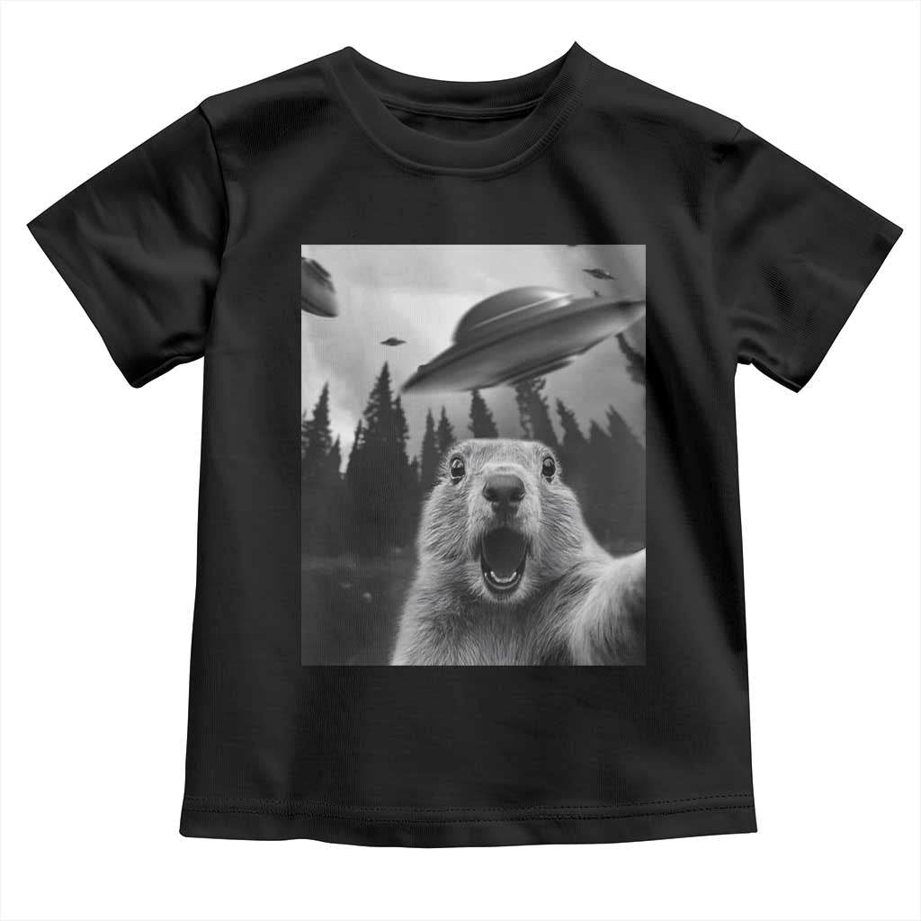 Funny Groundhog Selfie With Alien UFOs Weird Ground Hog Day Toddler T Shirt TS11 Black Print Your Wear
