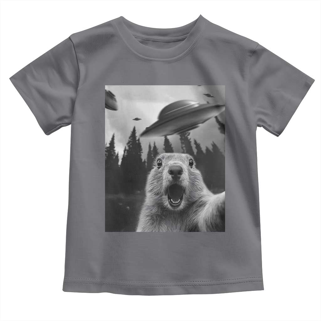 Funny Groundhog Selfie With Alien UFOs Weird Ground Hog Day Toddler T Shirt TS11 Charcoal Print Your Wear