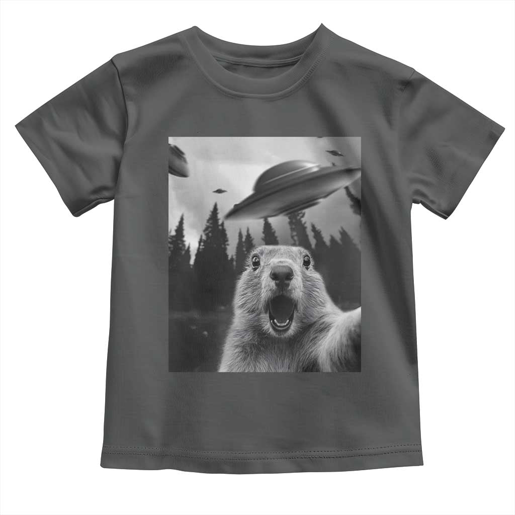 Funny Groundhog Selfie With Alien UFOs Weird Ground Hog Day Toddler T Shirt TS11 Dark Heather Print Your Wear