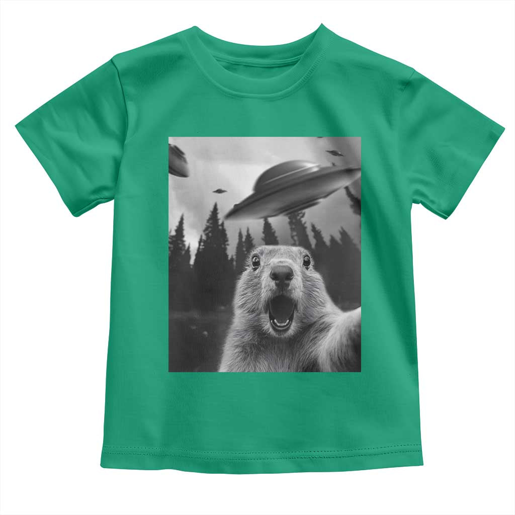 Funny Groundhog Selfie With Alien UFOs Weird Ground Hog Day Toddler T Shirt TS11 Irish Green Print Your Wear