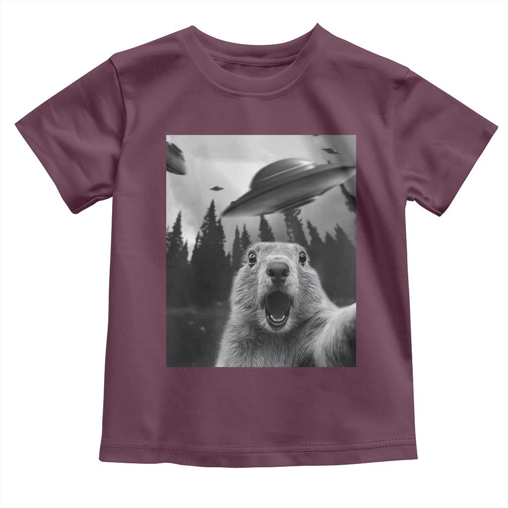 Funny Groundhog Selfie With Alien UFOs Weird Ground Hog Day Toddler T Shirt TS11 Maroon Print Your Wear