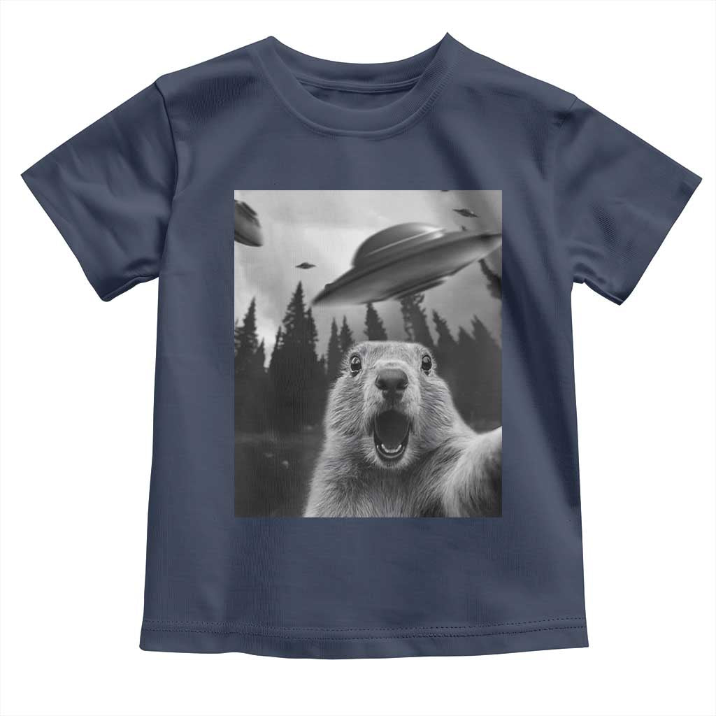 Funny Groundhog Selfie With Alien UFOs Weird Ground Hog Day Toddler T Shirt TS11 Navy Print Your Wear