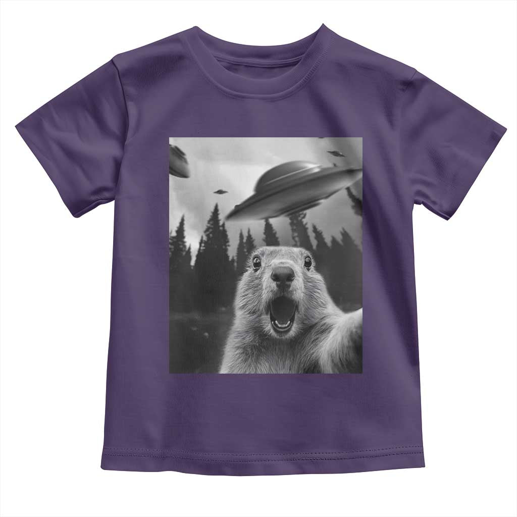 Funny Groundhog Selfie With Alien UFOs Weird Ground Hog Day Toddler T Shirt TS11 Purple Print Your Wear