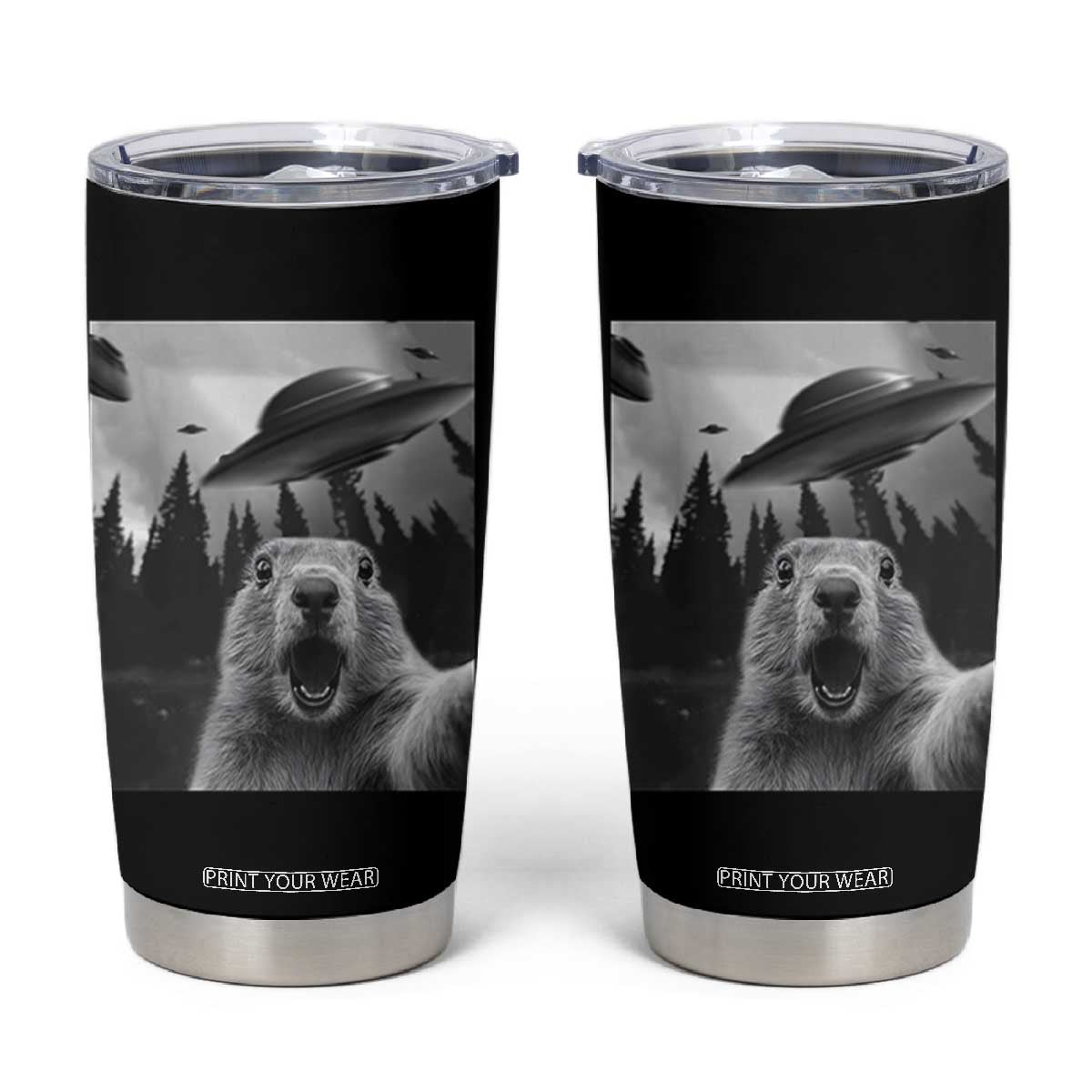 Funny Groundhog Selfie With Alien UFOs Weird Ground Hog Day Tumbler Cup TS11 Black Print Your Wear