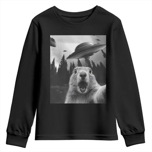 Funny Groundhog Selfie With Alien UFOs Weird Ground Hog Day Youth Sweatshirt TS11 Black Print Your Wear