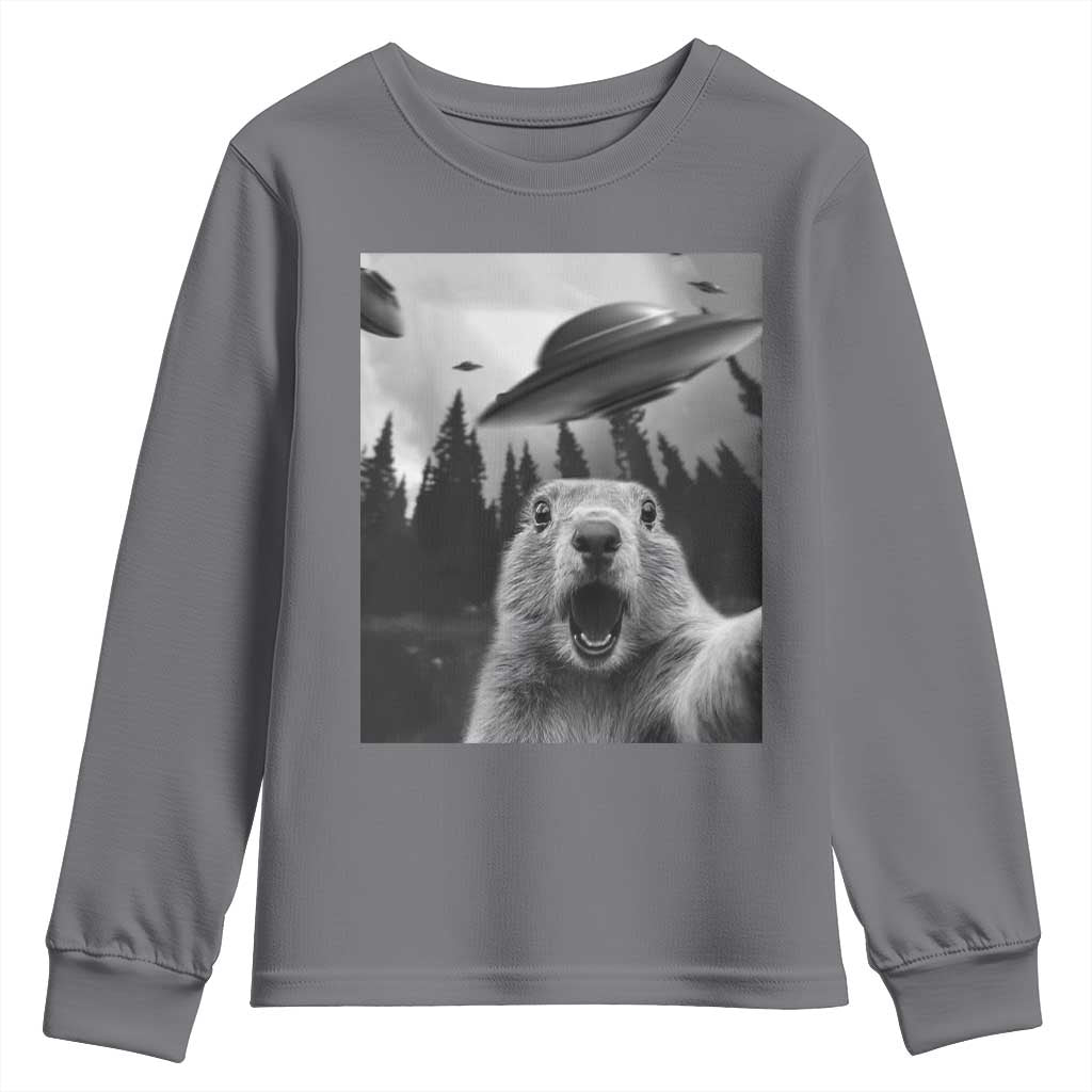Funny Groundhog Selfie With Alien UFOs Weird Ground Hog Day Youth Sweatshirt TS11 Charcoal Print Your Wear