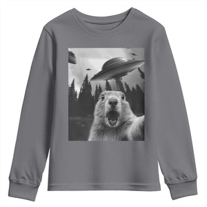 Funny Groundhog Selfie With Alien UFOs Weird Ground Hog Day Youth Sweatshirt TS11 Charcoal Print Your Wear