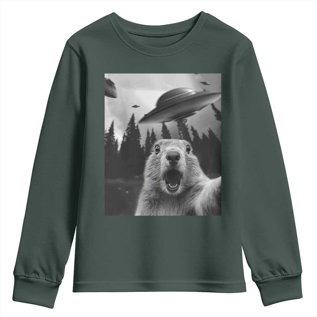 Funny Groundhog Selfie With Alien UFOs Weird Ground Hog Day Youth Sweatshirt TS11 Dark Forest Green Print Your Wear
