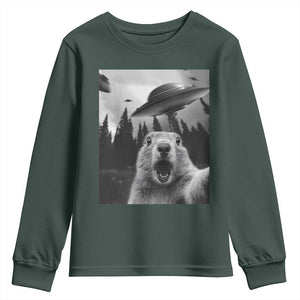 Funny Groundhog Selfie With Alien UFOs Weird Ground Hog Day Youth Sweatshirt TS11 Dark Forest Green Print Your Wear