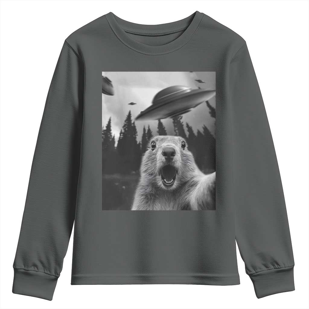Funny Groundhog Selfie With Alien UFOs Weird Ground Hog Day Youth Sweatshirt TS11 Dark Heather Print Your Wear