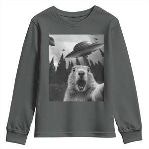 Funny Groundhog Selfie With Alien UFOs Weird Ground Hog Day Youth Sweatshirt TS11 Dark Heather Print Your Wear
