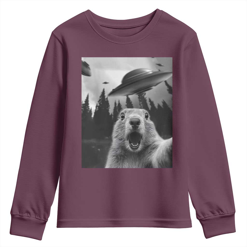 Funny Groundhog Selfie With Alien UFOs Weird Ground Hog Day Youth Sweatshirt TS11 Maroon Print Your Wear