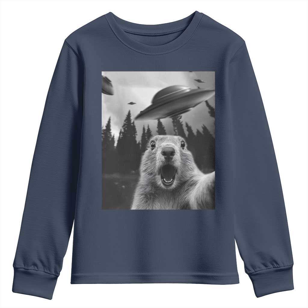 Funny Groundhog Selfie With Alien UFOs Weird Ground Hog Day Youth Sweatshirt TS11 Navy Print Your Wear