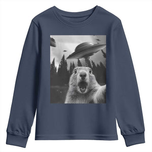 Funny Groundhog Selfie With Alien UFOs Weird Ground Hog Day Youth Sweatshirt TS11 Navy Print Your Wear