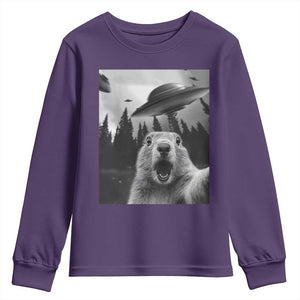 Funny Groundhog Selfie With Alien UFOs Weird Ground Hog Day Youth Sweatshirt TS11 Purple Print Your Wear