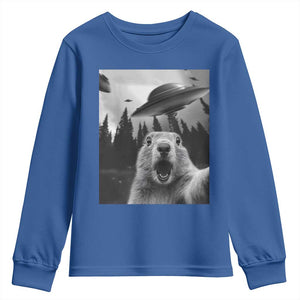 Funny Groundhog Selfie With Alien UFOs Weird Ground Hog Day Youth Sweatshirt TS11 Royal Blue Print Your Wear