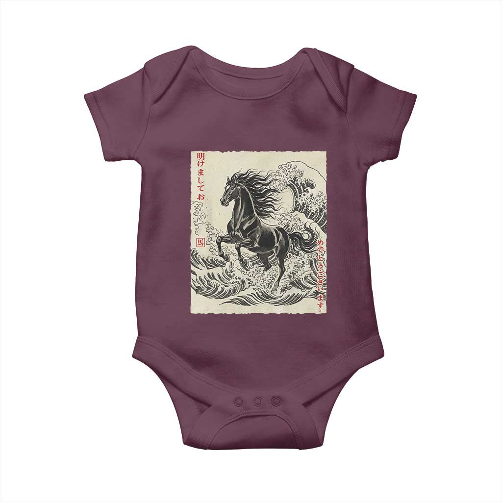 Japanese New Year 2026 Baby Onesie Year Of The Horse Tsunami Ukiyo e Art TS11 Maroon Print Your Wear