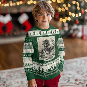 Japanese New Year 2026 Ugly Christmas Sweater Year Of The Horse Tsunami Ukiyo e Art TS11 Forest Green Beige Print Your Wear