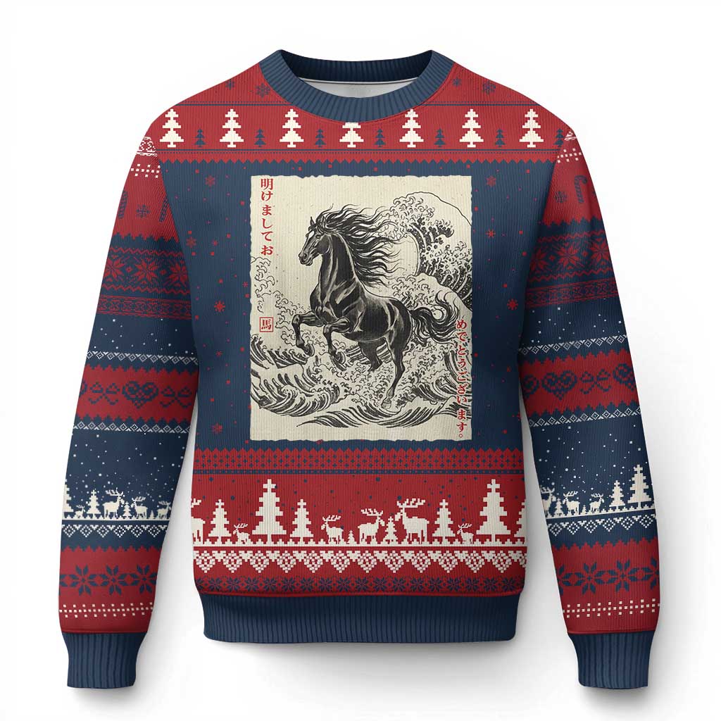 Japanese New Year 2026 Ugly Christmas Sweater Year Of The Horse Tsunami Ukiyo e Art TS11 Navy Red Print Your Wear