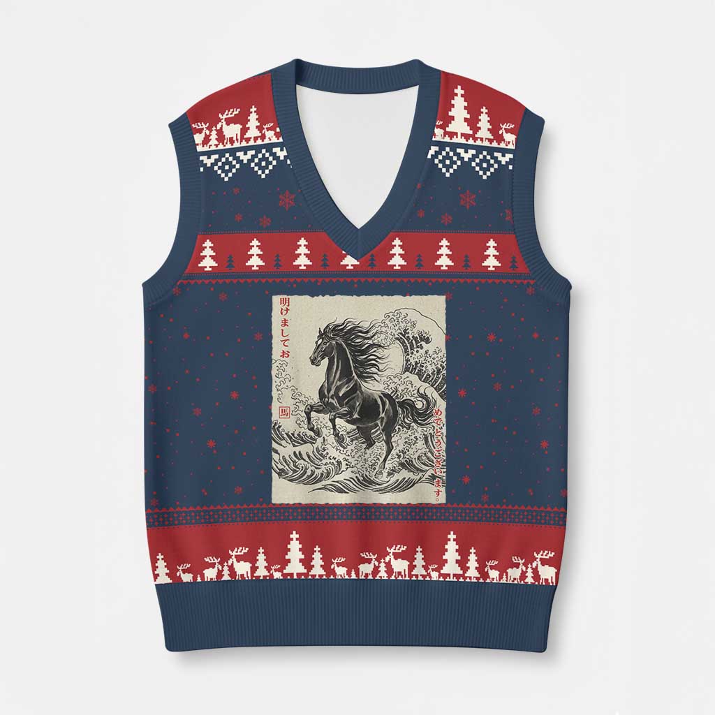 Japanese New Year 2026 V-Neck Knit Sweater Vest Year Of The Horse Tsunami Ukiyo e Art TS11 Navy Red Print Your Wear