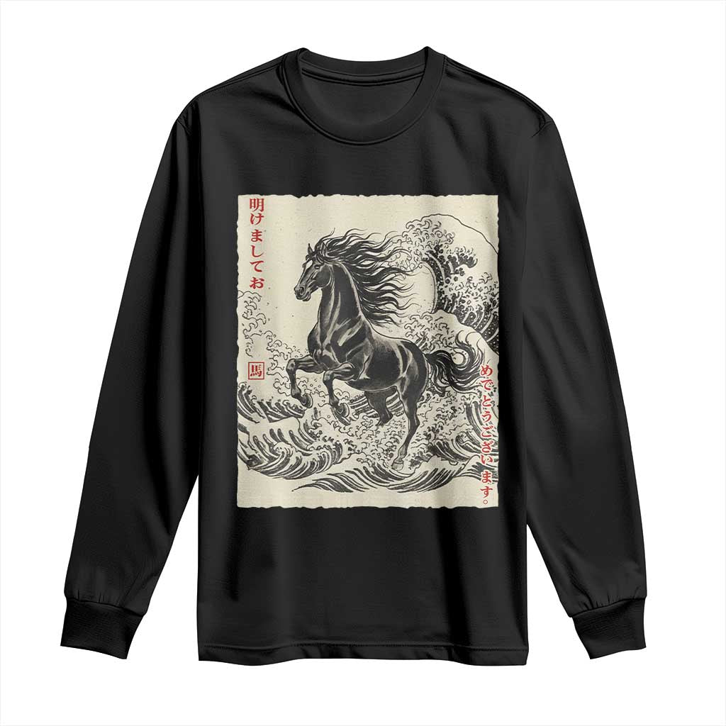 Japanese New Year 2026 Long Sleeve Shirt Year Of The Horse Tsunami Ukiyo e Art TS11 Black Print Your Wear