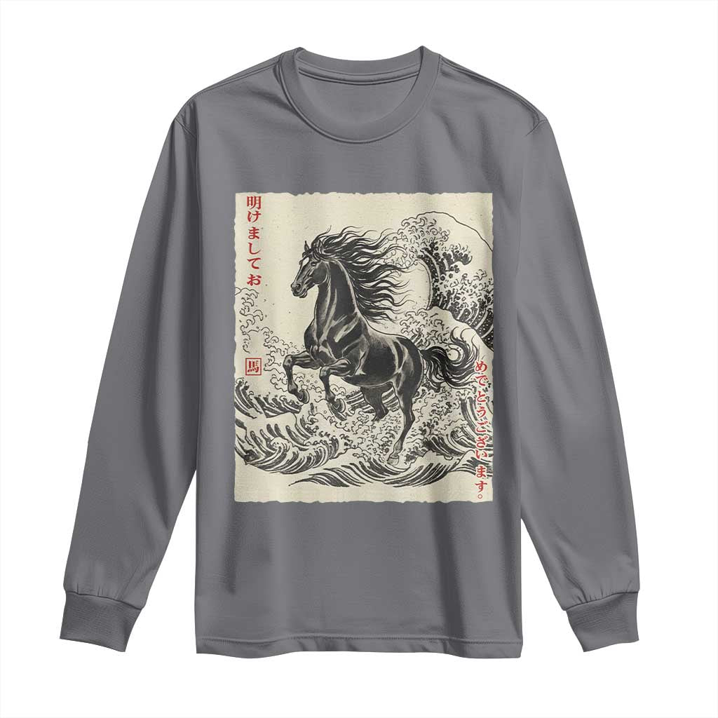 Japanese New Year 2026 Long Sleeve Shirt Year Of The Horse Tsunami Ukiyo e Art TS11 Charcoal Print Your Wear