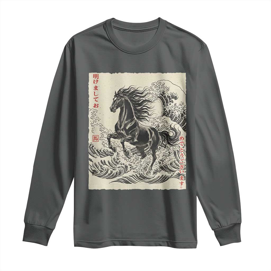 Japanese New Year 2026 Long Sleeve Shirt Year Of The Horse Tsunami Ukiyo e Art TS11 Dark Heather Print Your Wear