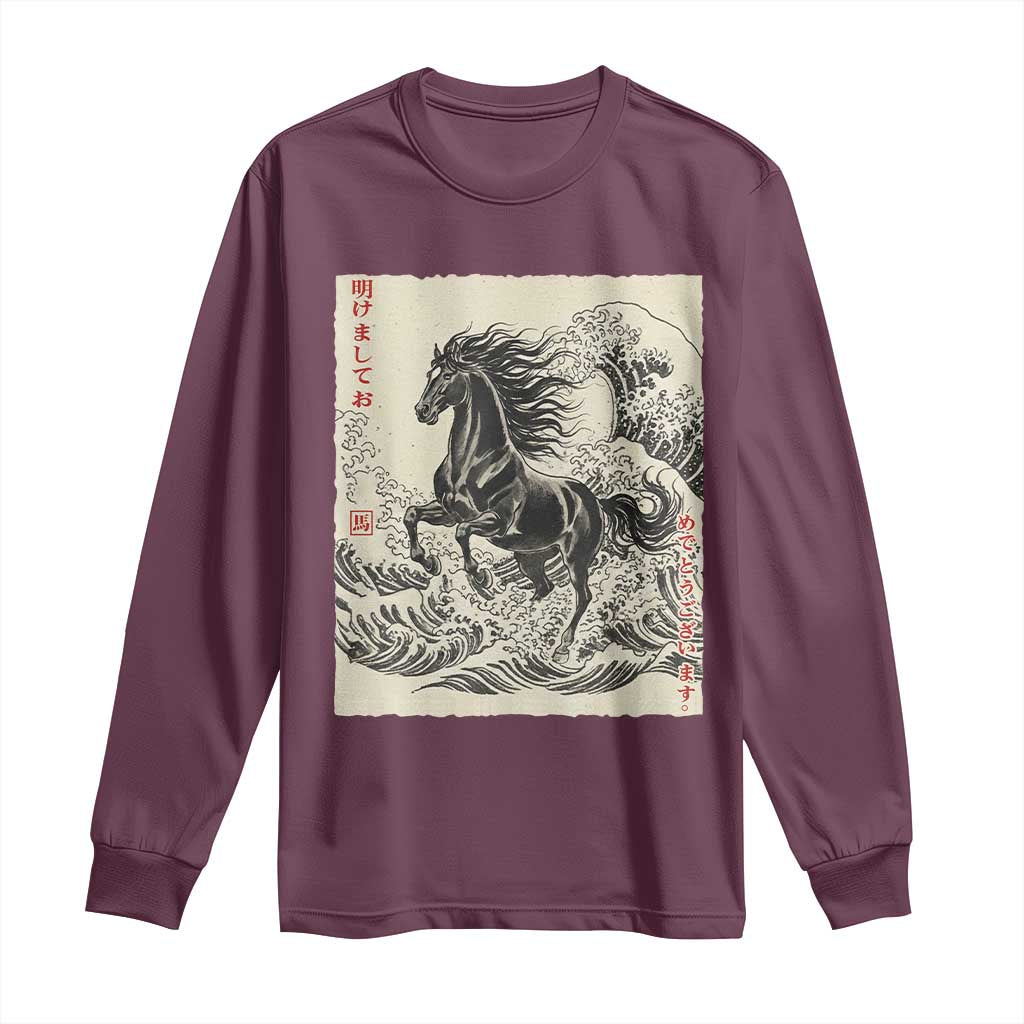 Japanese New Year 2026 Long Sleeve Shirt Year Of The Horse Tsunami Ukiyo e Art TS11 Maroon Print Your Wear