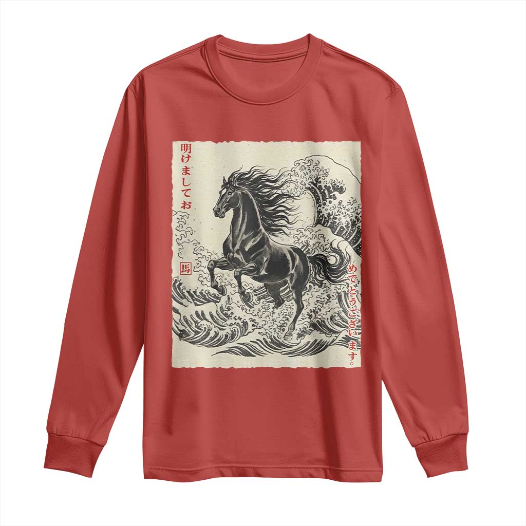 Japanese New Year 2026 Long Sleeve Shirt Year Of The Horse Tsunami Ukiyo e Art TS11 Red Print Your Wear