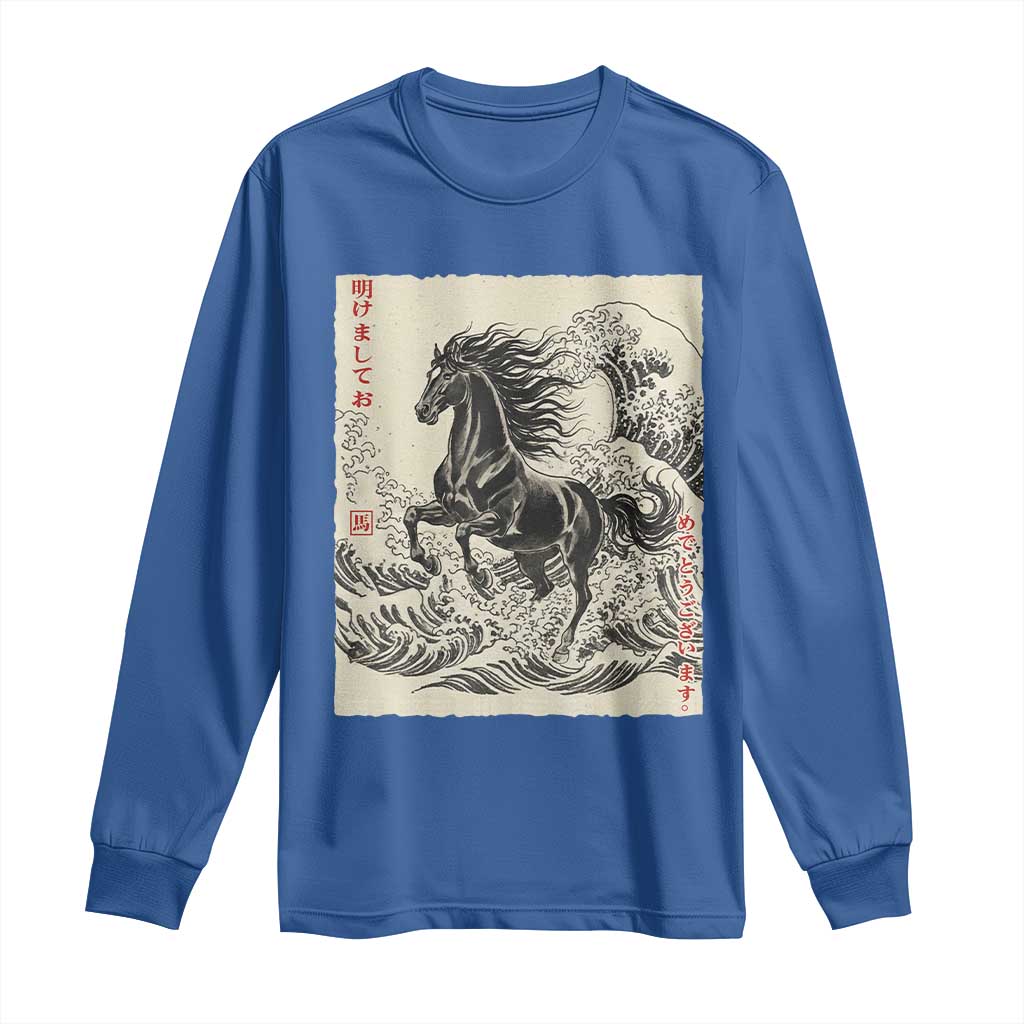 Japanese New Year 2026 Long Sleeve Shirt Year Of The Horse Tsunami Ukiyo e Art TS11 Royal Blue Print Your Wear