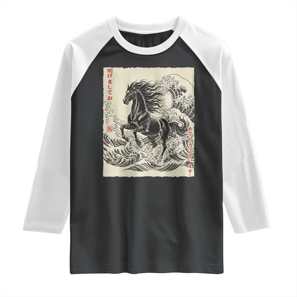 Japanese New Year 2026 Raglan Shirt Year Of The Horse Tsunami Ukiyo e Art TS11 Black White Print Your Wear