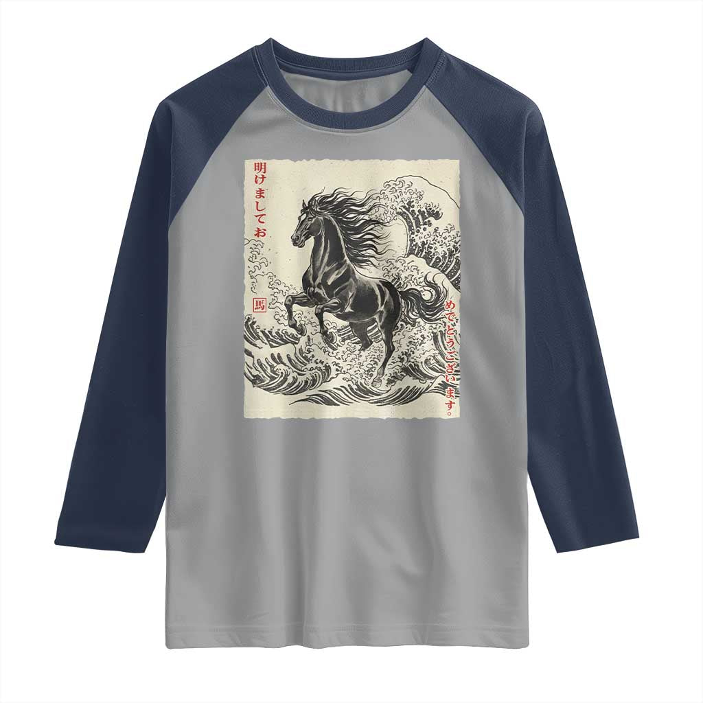 Japanese New Year 2026 Raglan Shirt Year Of The Horse Tsunami Ukiyo e Art TS11 Sport Gray Navy Print Your Wear