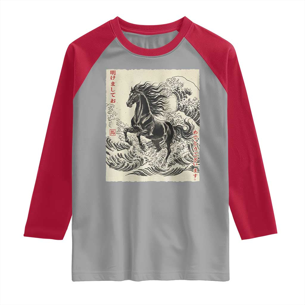 Japanese New Year 2026 Raglan Shirt Year Of The Horse Tsunami Ukiyo e Art TS11 Sport Gray Red Print Your Wear
