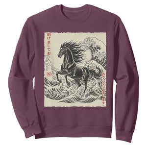Japanese New Year 2026 Sweatshirt Year Of The Horse Tsunami Ukiyo e Art TS11 Maroon Print Your Wear