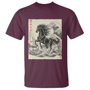 Japanese New Year 2026 T Shirt Year Of The Horse Tsunami Ukiyo e Art TS11 Maroon Print Your Wear