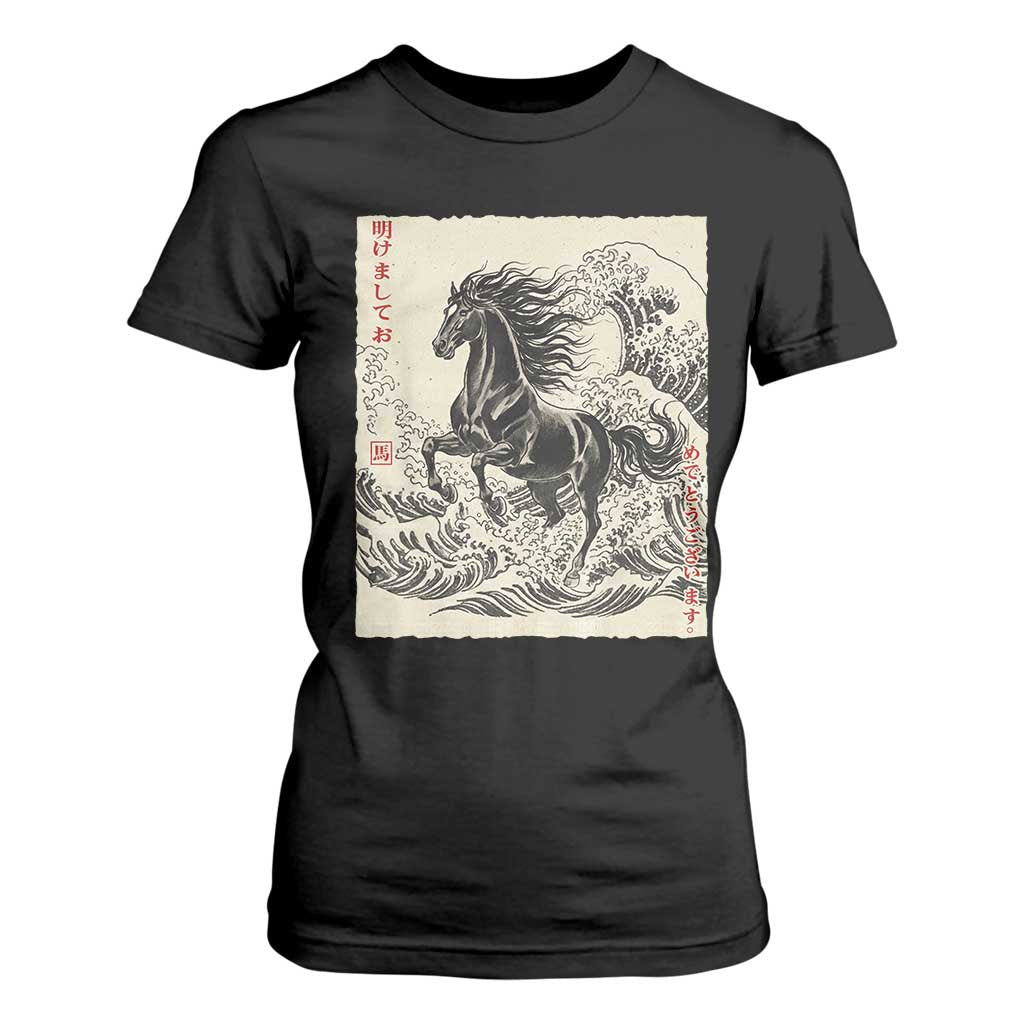 Japanese New Year 2026 T Shirt For Women Year Of The Horse Tsunami Ukiyo e Art TS11 Black Print Your Wear