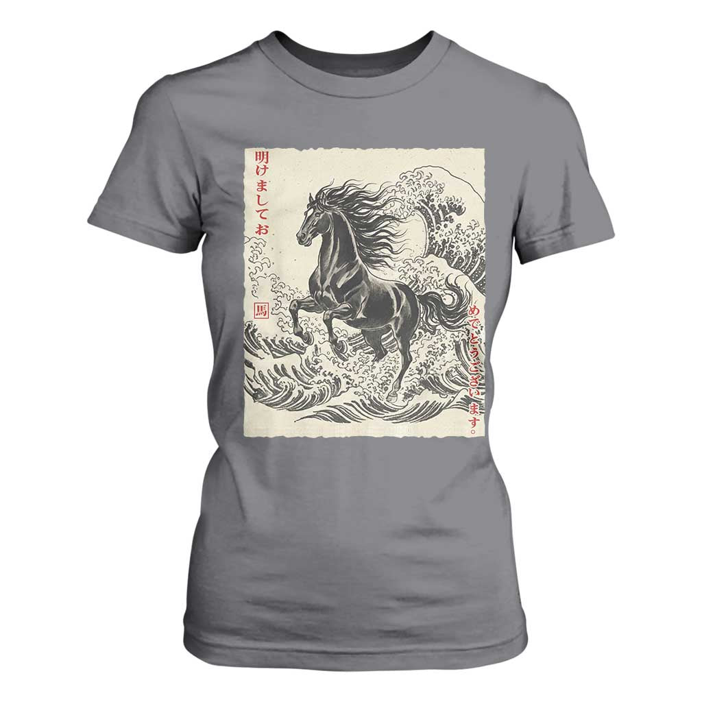 Japanese New Year 2026 T Shirt For Women Year Of The Horse Tsunami Ukiyo e Art TS11 Charcoal Print Your Wear